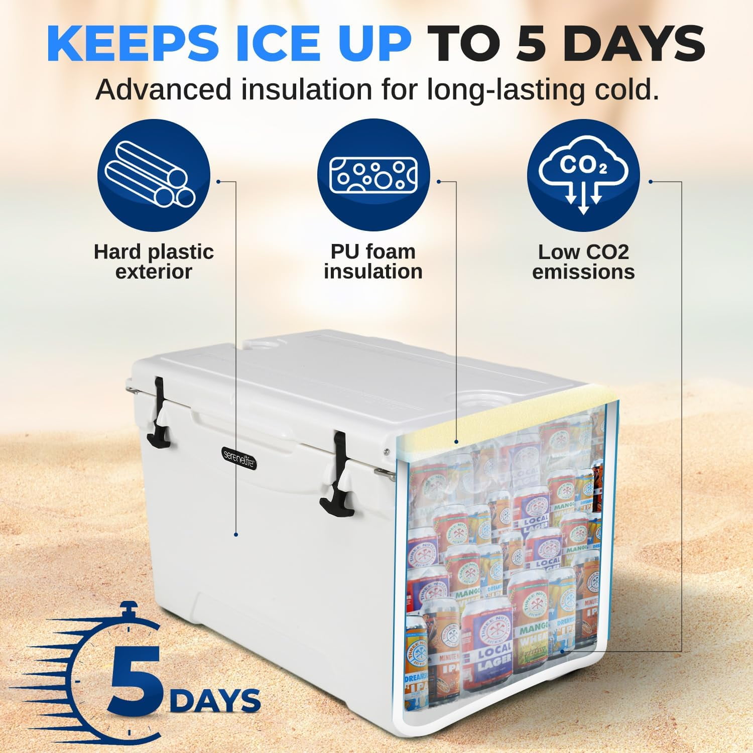 SereneLife Ultra-Tough 50 Quart Rotomolded Cooler Box, Holds Upto 64 Cans, Keeps Ice Up to 5 Days, Heavy-Duty Insulated Portable Ice Chest Box, Ideal for Camping, Beach, and Outdoor Adventures