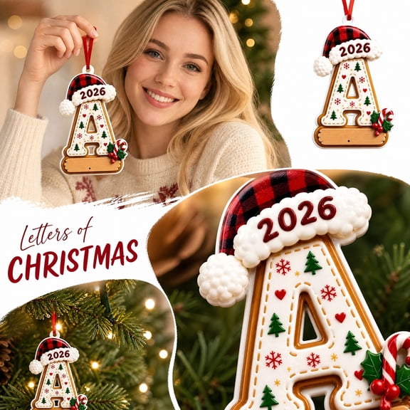 Letters Christmas Gingerbread Alphabet Ornament, Acrylic Flat Candy Cane Initial Letter 2D Pendant with Santa Hat & Berries Pattern, Christmas Tree Hanging Decor for Car Rearview