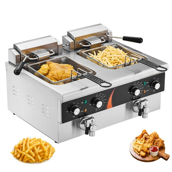 KFFKFF Commercial Deep Fryer, Dual Tank 3500W Electric Countertop Fryer, 2 x 9Qt / 8.5L Double Oil Fryer with 2 Baskets, 1mm Thickened Stainless Steel