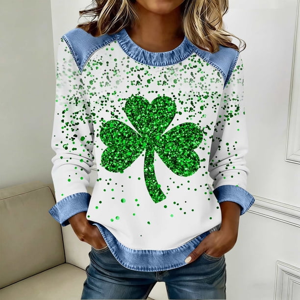 TaTaai 2026 Spring St Patrick Day Solid Color Top for Women Long Sleeve Patchwork Round Neck Casual Blouse Soft Comfy Shirt Daily Holiday Celebration Outfits Gift