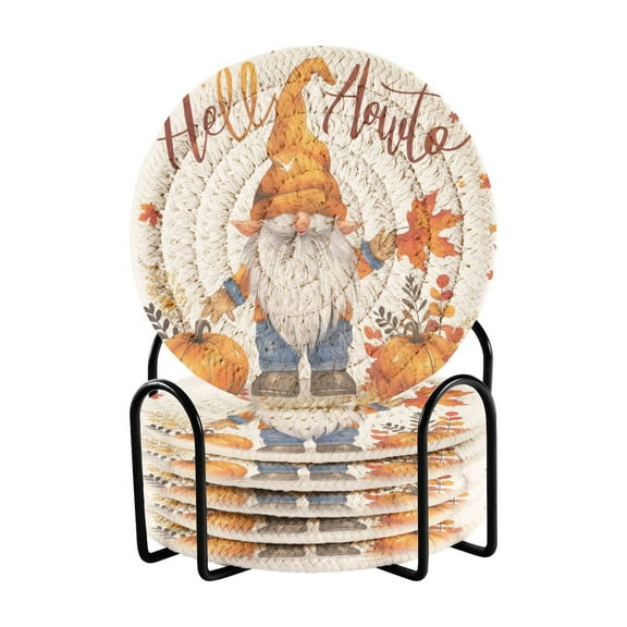 6 Pcs Drink Coasters with Holder Gnome and Pumpkin Absorbent Heat-Resistant Coaster Set for Tabletop Protection Home Bar