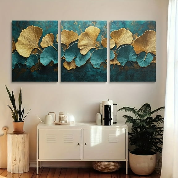 3pcs Turquoise & Golden Ginkgo Leaves Canvas Wall Art - Unframed High-Quality Botanical Prints with Vibrant Blue-Green Backgrounds, Modern Nature-Inspired Decor for Living Room, Bathroom, Bedroom, R