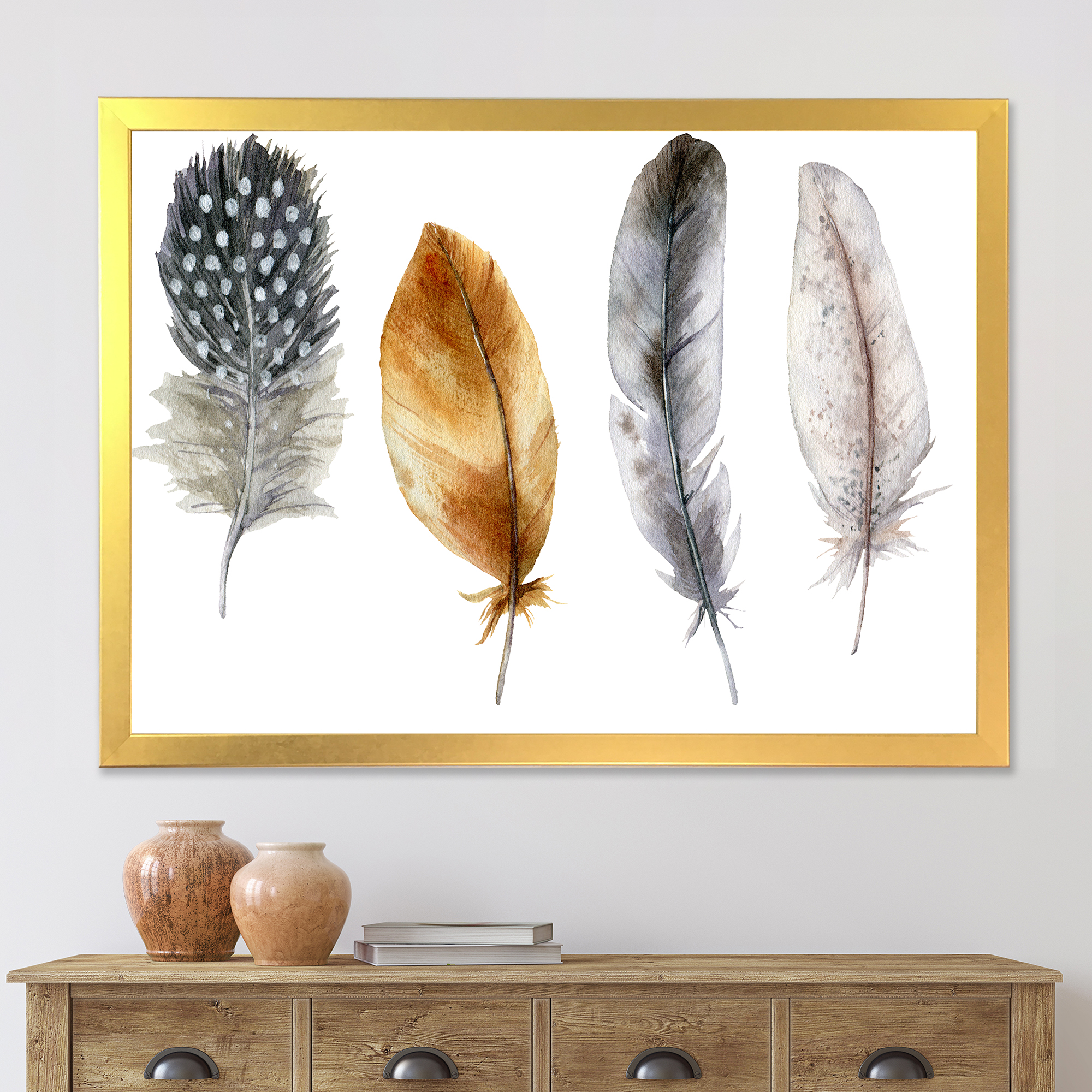 Designart 'Boho Feather In Blue and Orange Striped & Polka Dost' Bohemian & Eclectic Framed Art Print