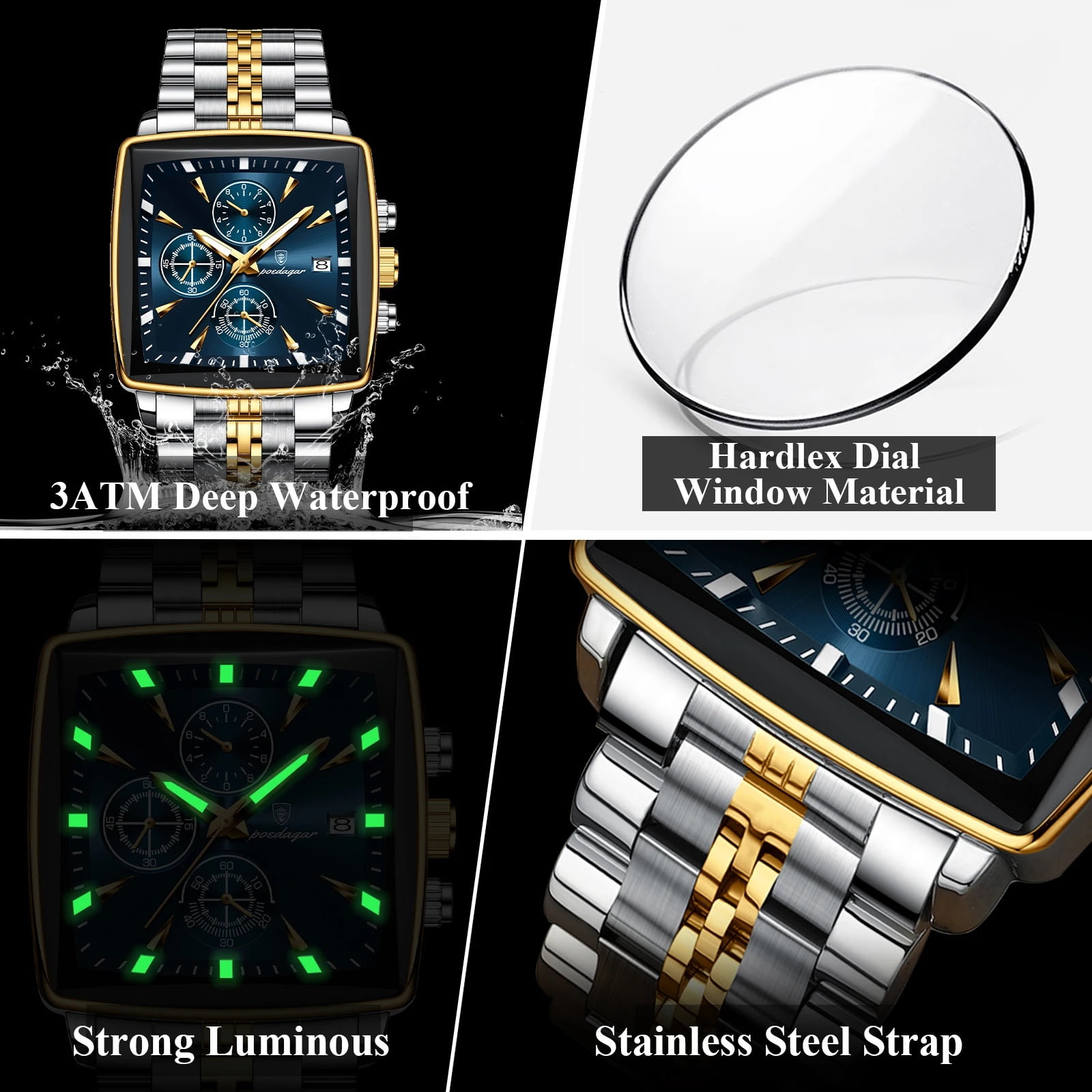 POEDAGAR Luxury Square Sport Man Wristwatch Waterproof Chronograph Stainless Steel Quartz Men's Watches
