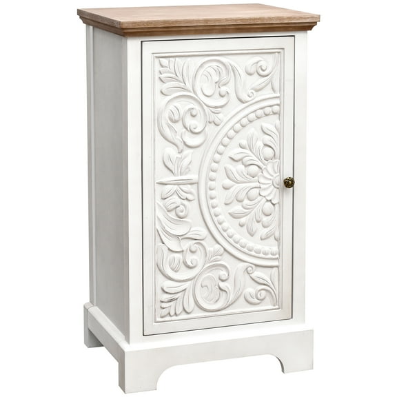 eHemco Ornate Floral Carved End Table with Storage, 18 x 14 x 30.5 Inches, Retro Style Living Room Furniture, Natural and White