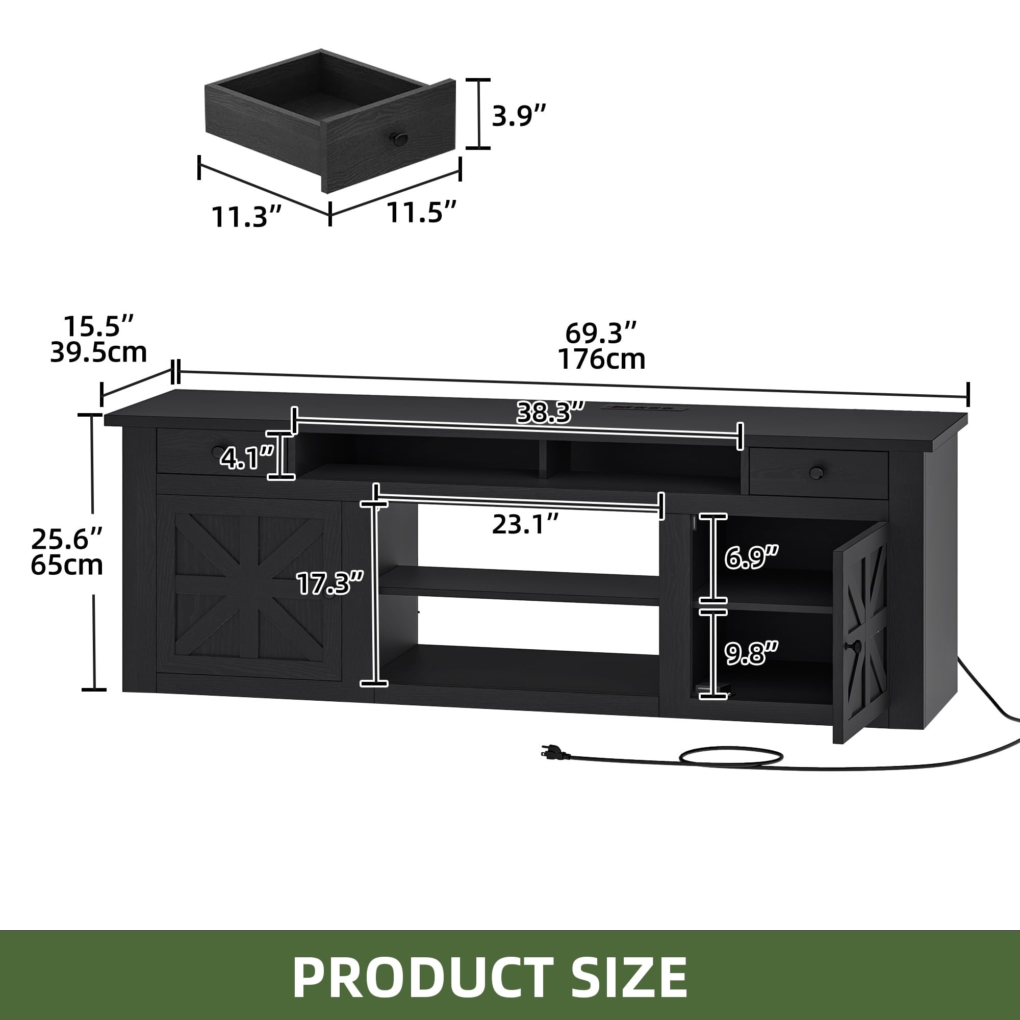 Uforic 70 Inch Modern Farmhouse TV Stand for 75/80 Inch TV with Built-in Power Outlets, 2 Cabinets & Open Compartments for Living Room, Black