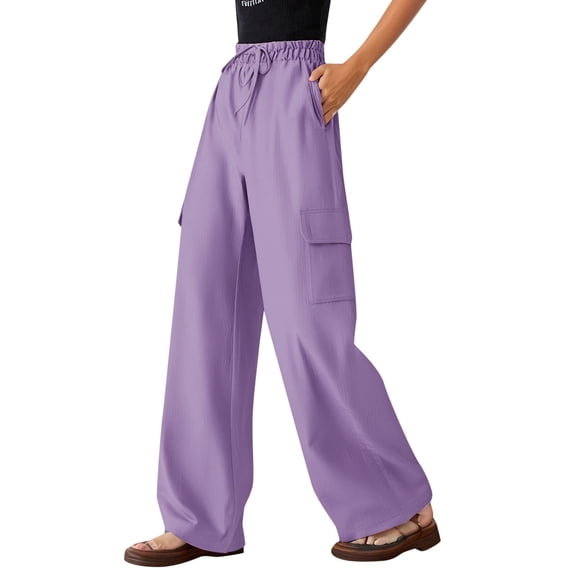 WENWU Womens Trousers Women Casual Pants Light Purple Baggy Pants Lightweight Pants Women High Waist Pants Women with Pockets Women Summer Pants