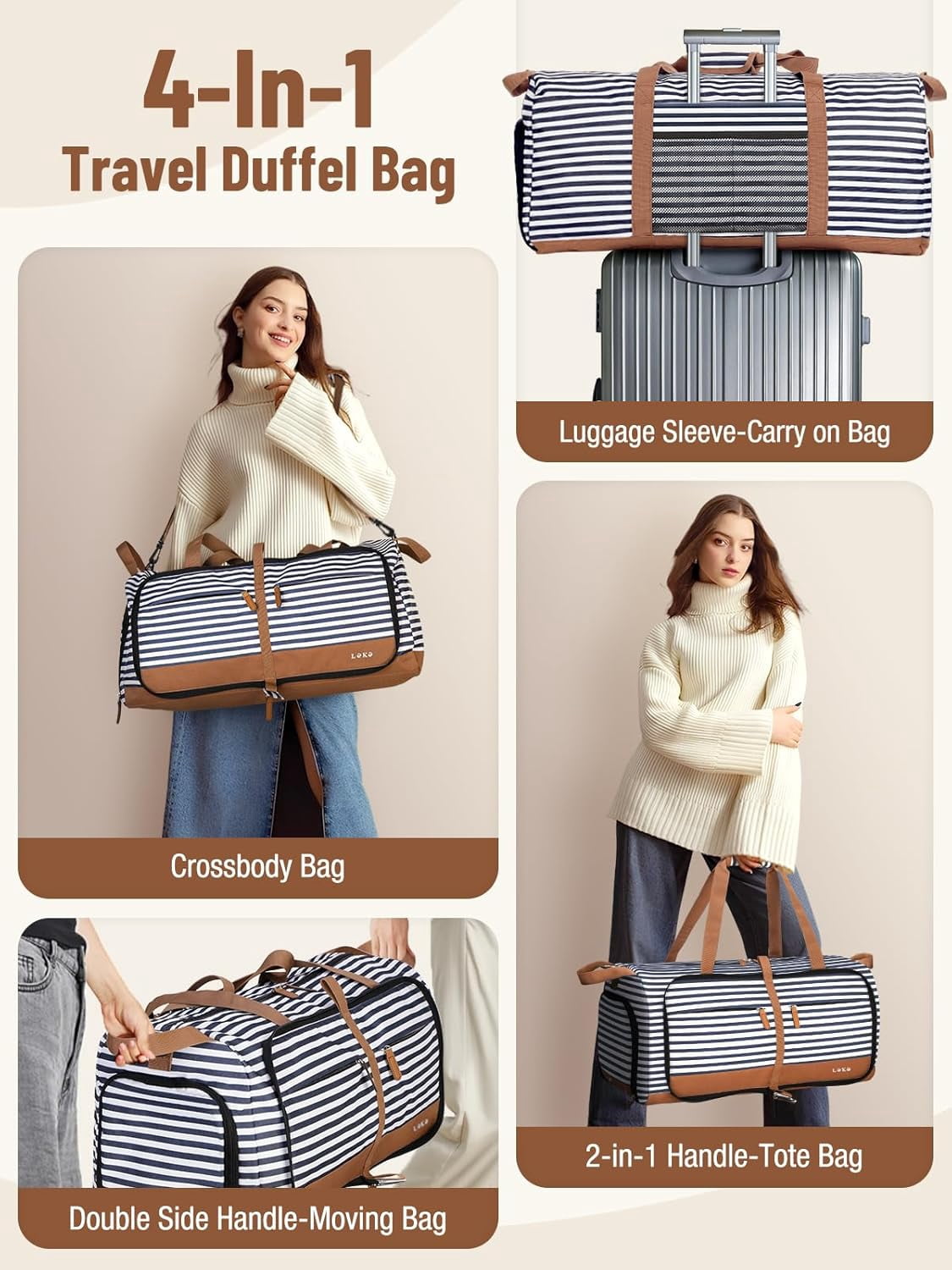 80L Large Foldable Travel Duffle Bag for Women - Separate Shoe Compartment, Carry On Weekend/Overnight/Hospital Bag with Straps (Blue Stripes)