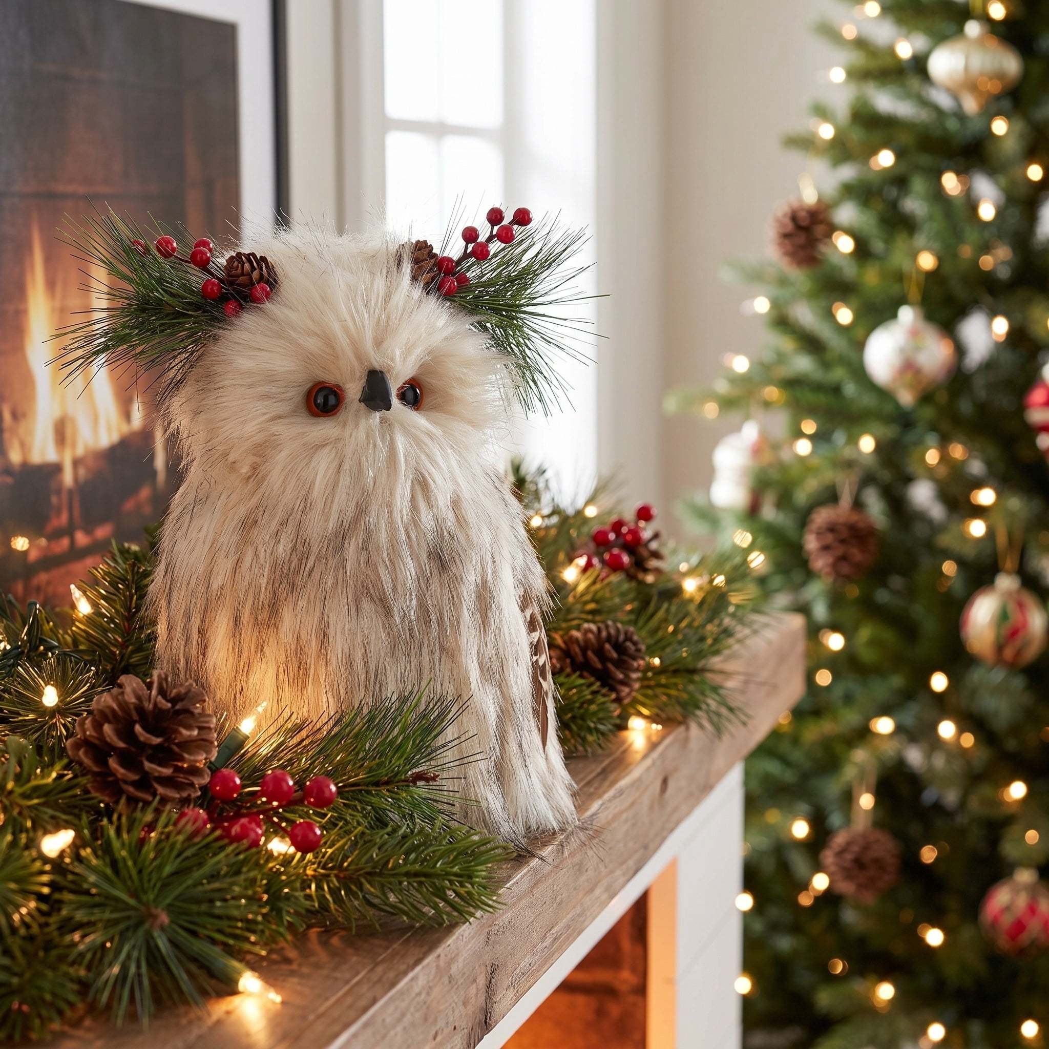 Faux Fur Owl Christmas Tree Topper, Cream, 12", by Holiday Time