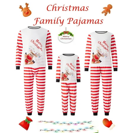 

Matching Family Christmas Pajamas Sets Elk Xmas Striped Bottoms Jammies for Kids Couples