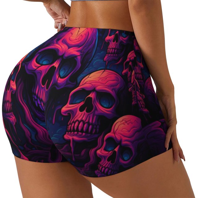 Fotbe Purple-Red Skull Shorts Sin Costuras – Shorts Deportivos de Cintura Alta para Mujer, Elásticos para Gimnasio, Yoga, Running o Ciclismo-Small