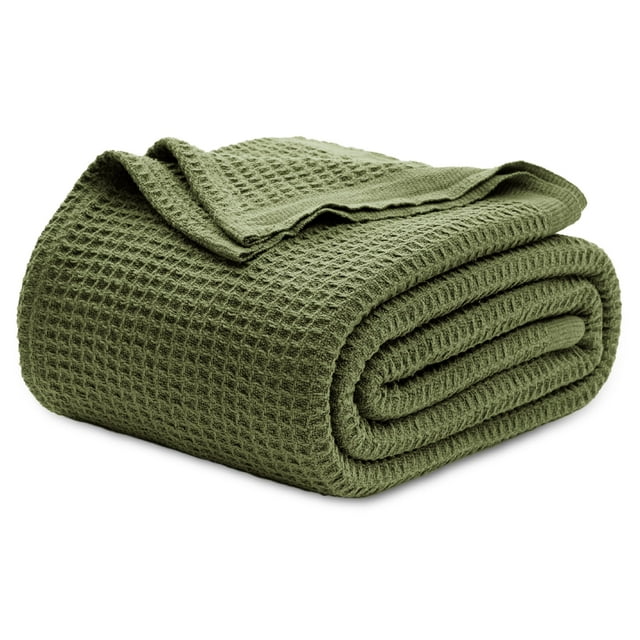 Manta para cama, 100% algodón, tamaño queen, tejido gofrado, color verde oliva