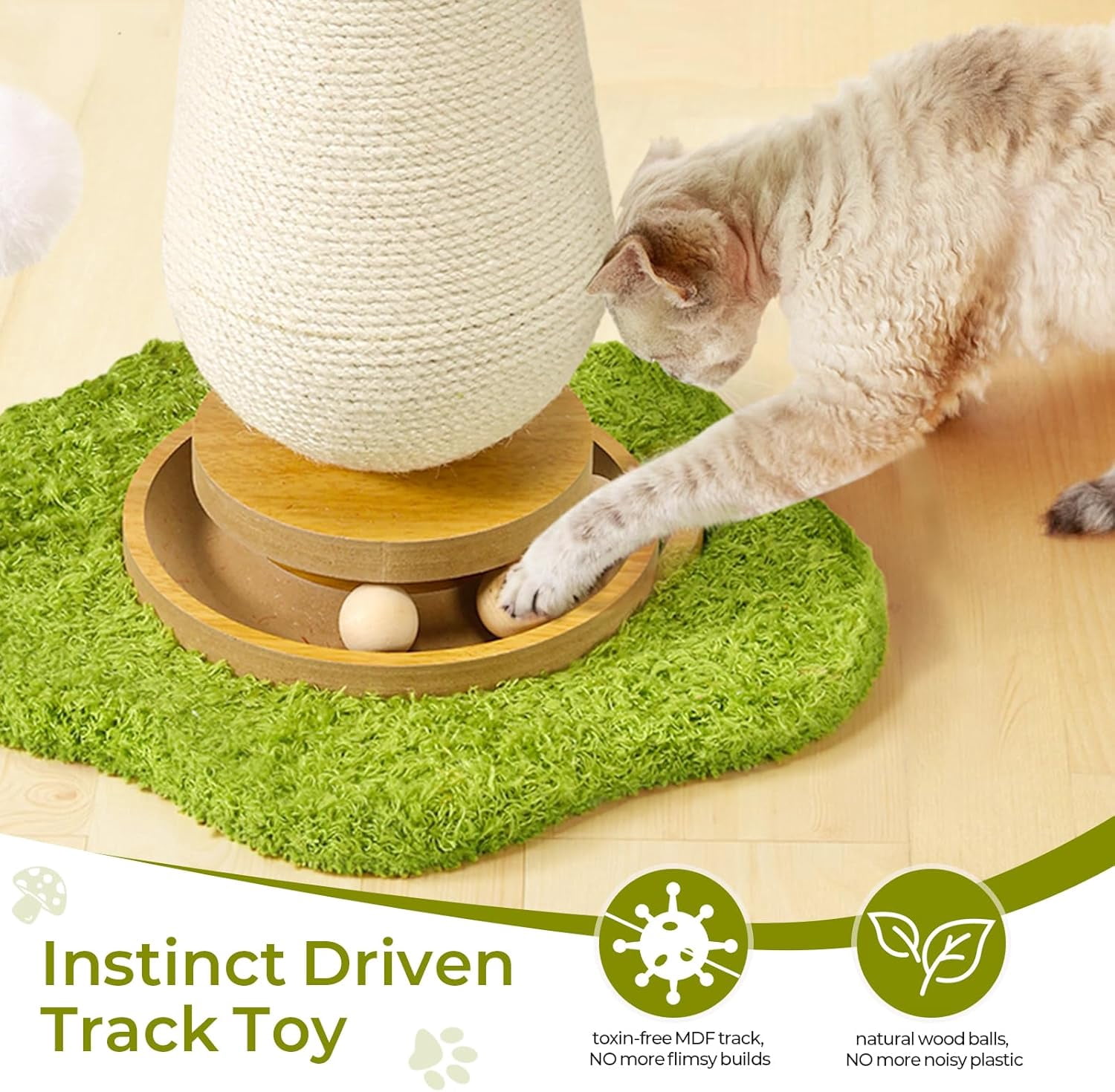 YESGIRL 20" Mushroom Cat Scratching Post with Ball Track & Spring Toys, 2-in-1 Sisal Scratcher & Play Station for Indoor Cats, Stable Base