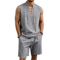 thumbnail image 2 of QSAWXQZ Men's Linen 2PC Lounge Set Stand Collar V Neck Sleeveless Loose Top Elastic Waist Shorts with Pocket Beach Outfit Casual for Summer M, 2 of 9