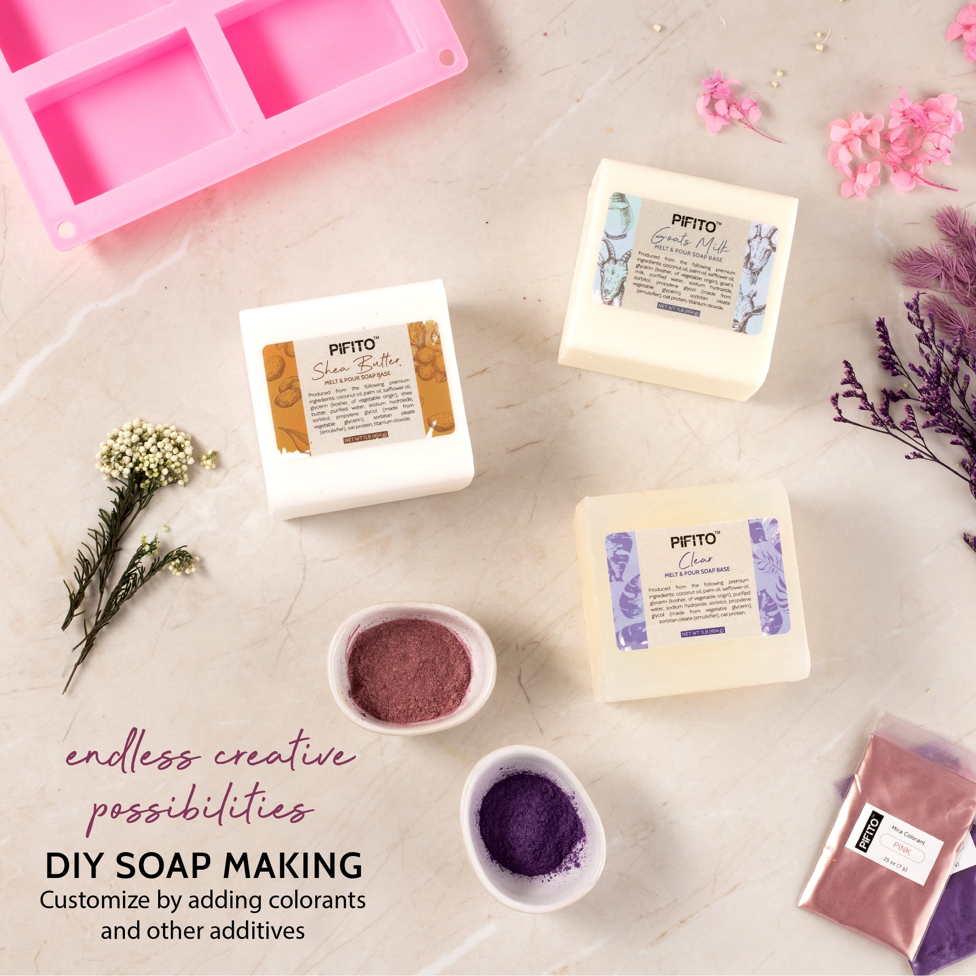 Pifito Soap Making Kit │ DIY Soap Making Supplies - 3 lbs Melt and Pour Soap Base (Goats Milk, Shea Butter, Clear), 10-Pack Mica "Original" Colorants Sampler, Mold and Instructions