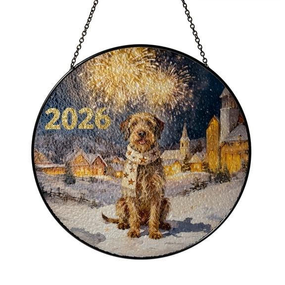 Wirehaired Pointing Griffon Happy New Year 2026 with Fireworks on New Year's Eve Stained Glass Suncatcher Dog Lover Window Hanging Sign Decor - 12022