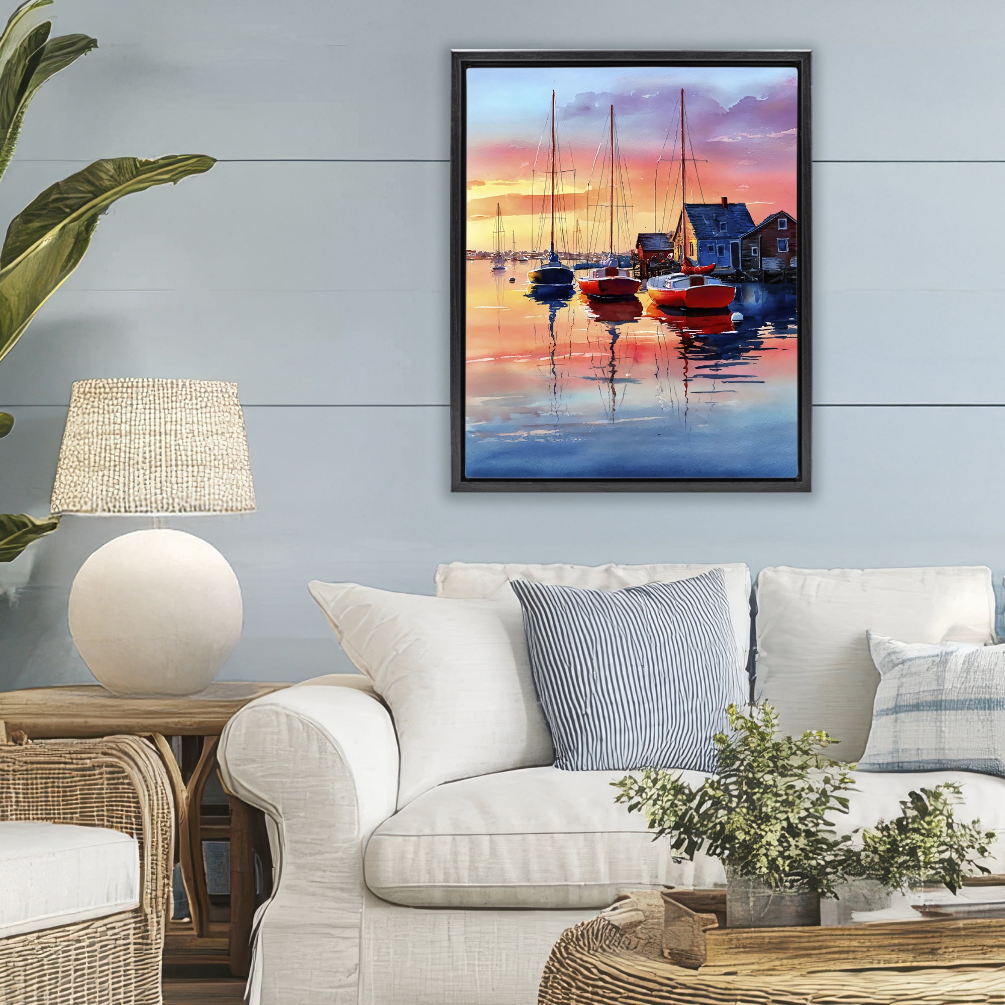 Stupell Industries Vivid Sunset at Docks Black Framed Floater Canvas Wall Art, design by Franklyn Gregory