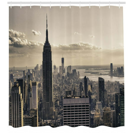New York Shower Curtain, Aerial View of NYC in Winter American Architecture Historical Popular Metropolis, Fabric Bathroom Set with Hooks, Beige Grey, by