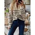 thumbnail image 5 of Women Fall Winter Half Zip Striped Pullover Sweaters Trendy V Neck Oversized Long Sleeve Knit Clothes Cream White S, 5 of 7