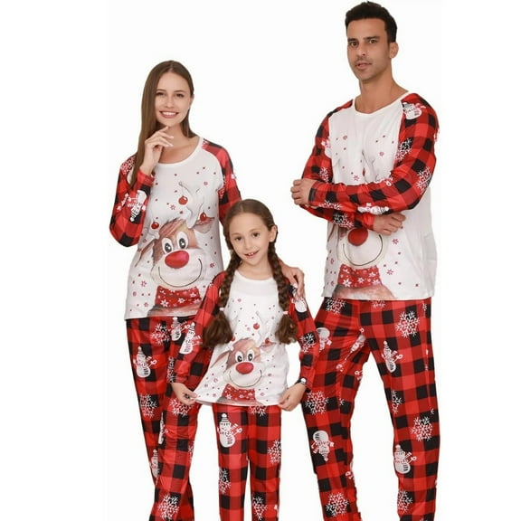 ZEFORTEX Christmas Reindeer Pattern Men's and Women's Sleepwear Set - Red Checkered Style