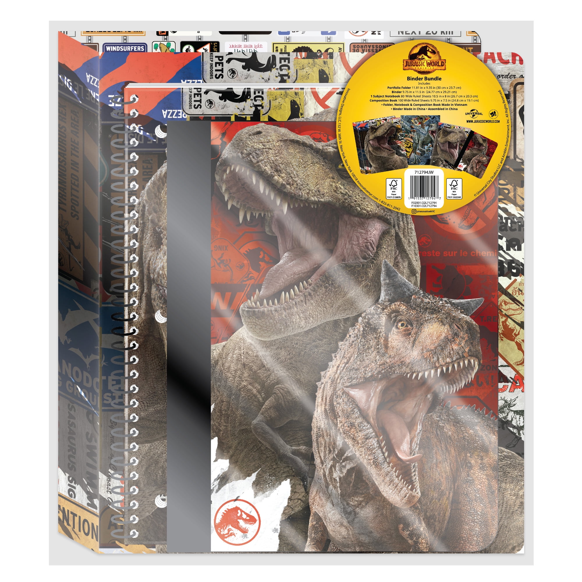 Jurassic World Stationery Bundle, 3-Ring, 1' Binder, Notebook, Composition Book, Folder