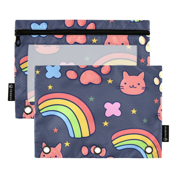 ALAZA 2 Pack Pencil Pouch Rainbow Cat Paw Print Pencil Case for 3 Ring Binder Clear Window Pencil Bag Organizers