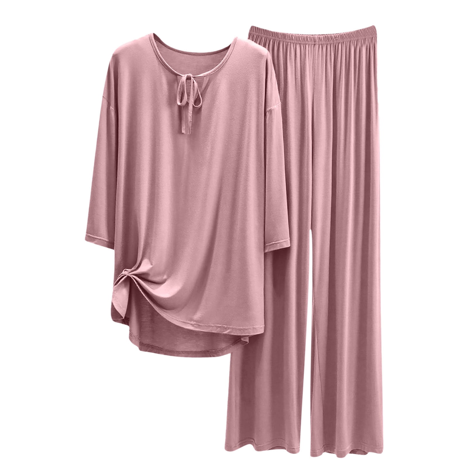 Pyjama Femme été 2 Pièces - T-shirt Manches Longues Et Pantalon Large, Doux Et Respirant, Couleur Unie, Taille élastique - 2