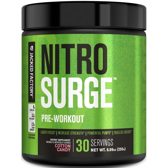 Jacked Factory NITROSURGE Pre Workout Supplement - Endless Energy, Instant Strength Gains, Clear Focus and Intense Pumps - NO Booster & Powerful Preworkout Energy Powder - 30 Servings, Cotton Candy