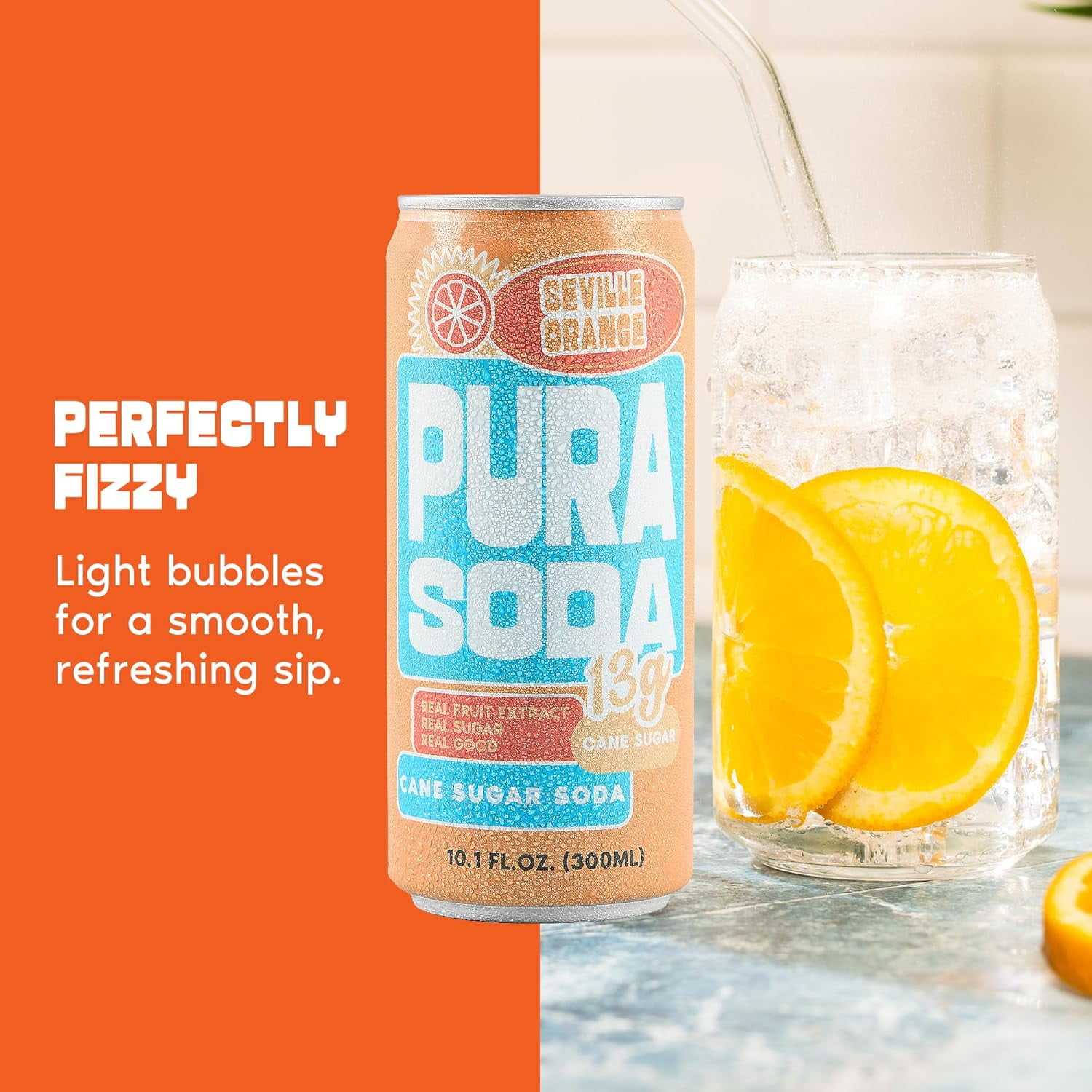 PuraSoda® Seville Orange | Low-Calorie, Cane Sugar Soda, Beverage | Non-GMO, Vegan | Made with Pure Cane Sugar, No Preservatives | 10.1 fl oz (300ml) Cans, 24-Pack