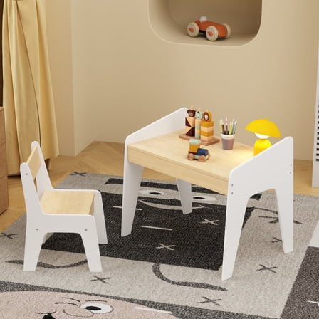 Kids Table and Chair Set - Wooden Children's Study Desk for Ages 2-8 - White & Natural MDF Play Table with Chair for Drawing Crafts Learning