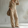 thumbnail image 6 of WULMLEO Wide Leg Romper for Women Cotton Linen Workout V Neck Button Front Long Sleeve One Piece Jumpsuits Casual Plus Size Loose Fit Beach Overall with Multi Pockets Khaki M, 6 of 7