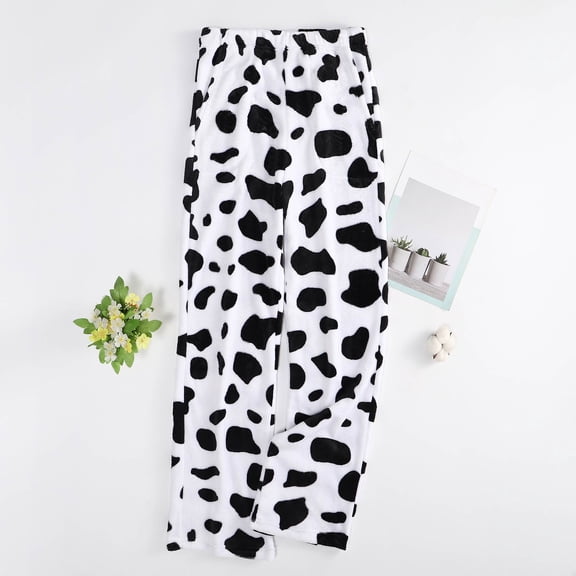 Flannel Pajama Pants Women Funny Printed Fuzzy Pj Bottoms Elastic Waist Straight Wide Leg Sleep Pants with Pockets