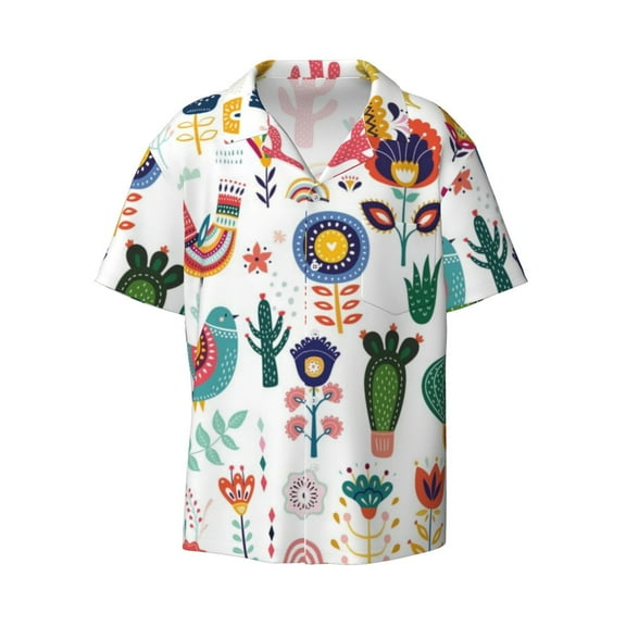 Naloa Alpaca Flower Men's Loose Fit Cuban Collar Short-Sleeve Shirt with Button-down and Chest Pocket for Everyday Wear Outings - Small