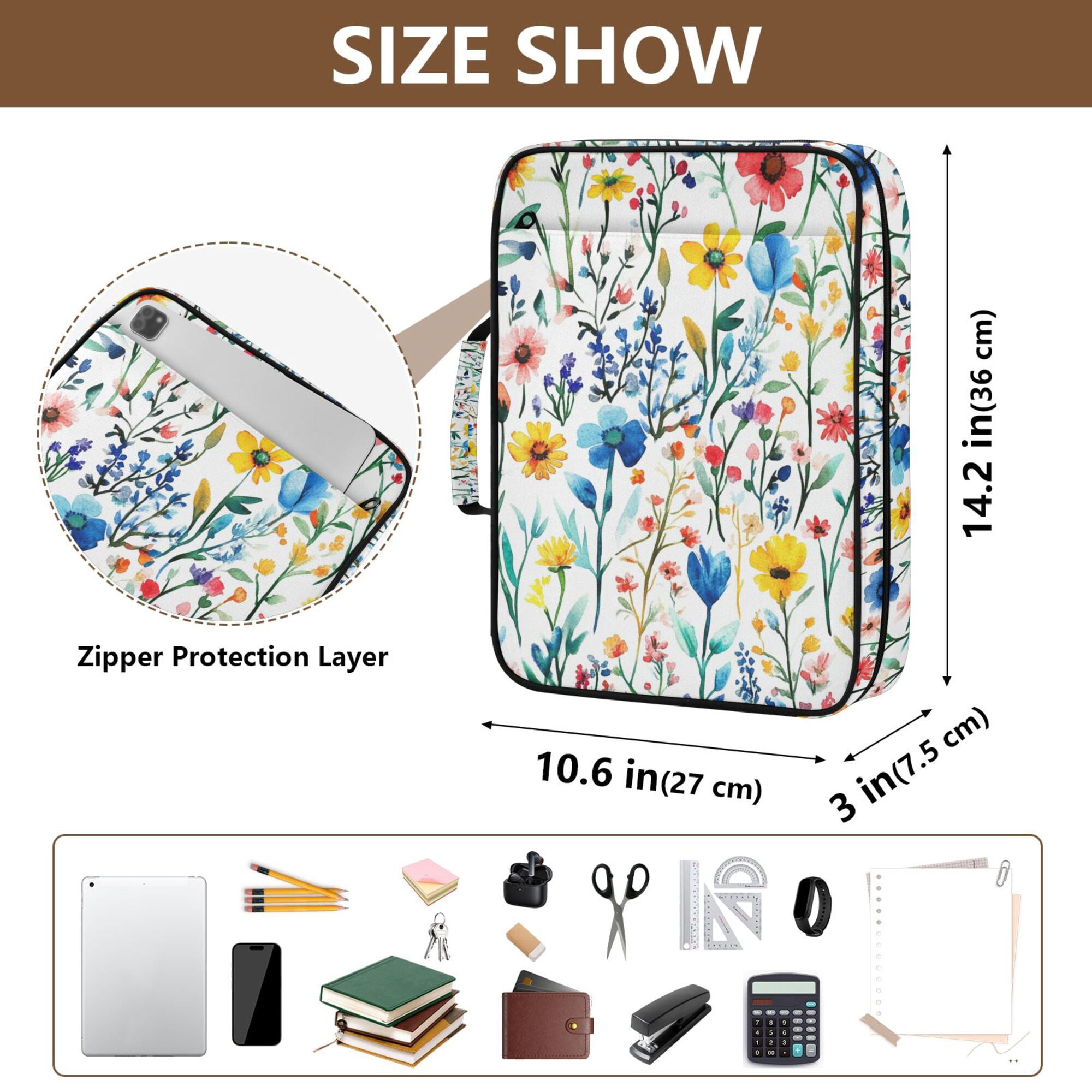 FORMRS Accordion File Folder A4 Size 7-Pocket Expanding Document Organizer Bag with 3 Ring Binder, Blue Wildflower Pattern