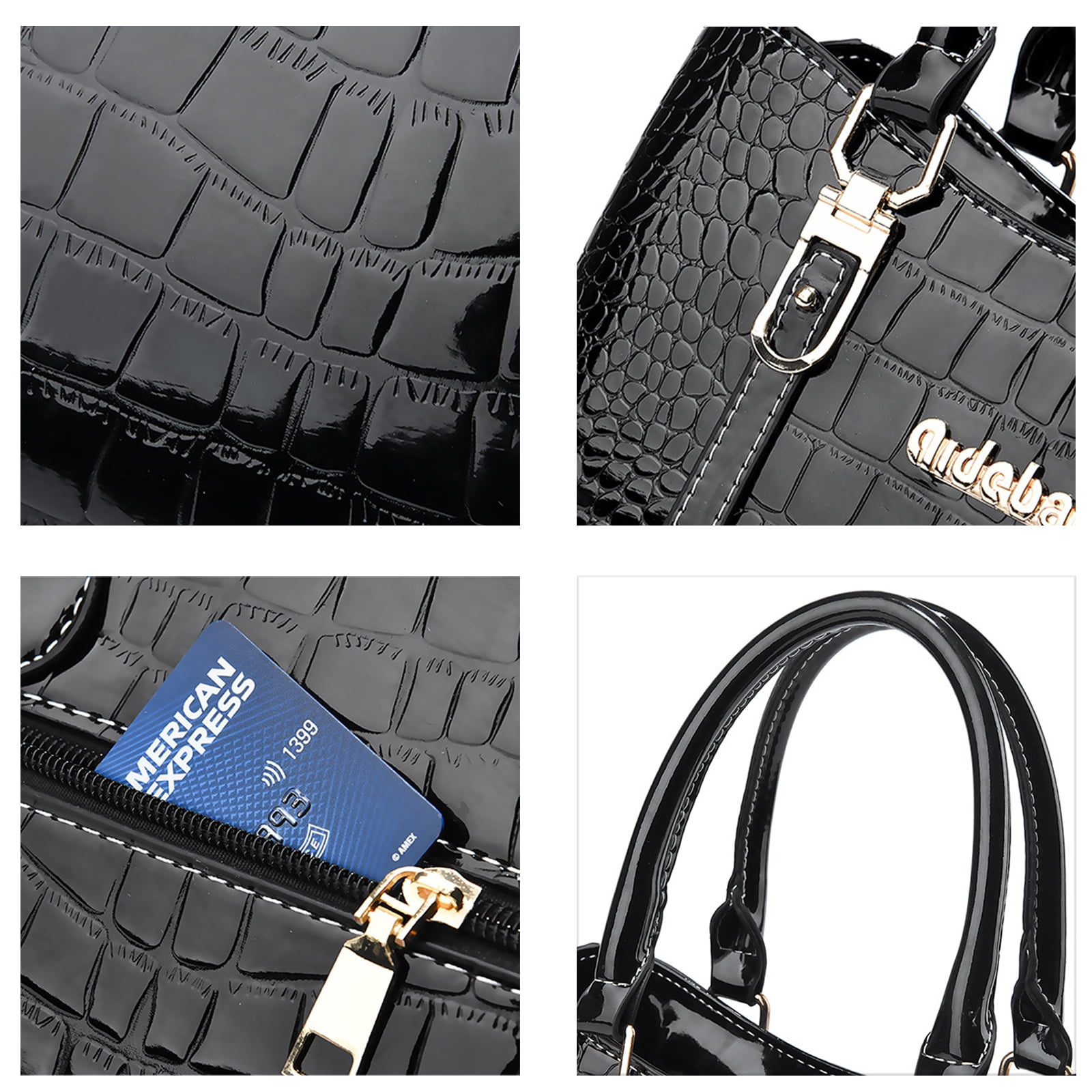 PORT&LOTUS Medium Size Glossy PU Leather Top Handle Crossbody Tote Purses for Women Classic Large Capacity Black Crocodile Pattern Shoulder Handbags for Women with Compartments For Mom