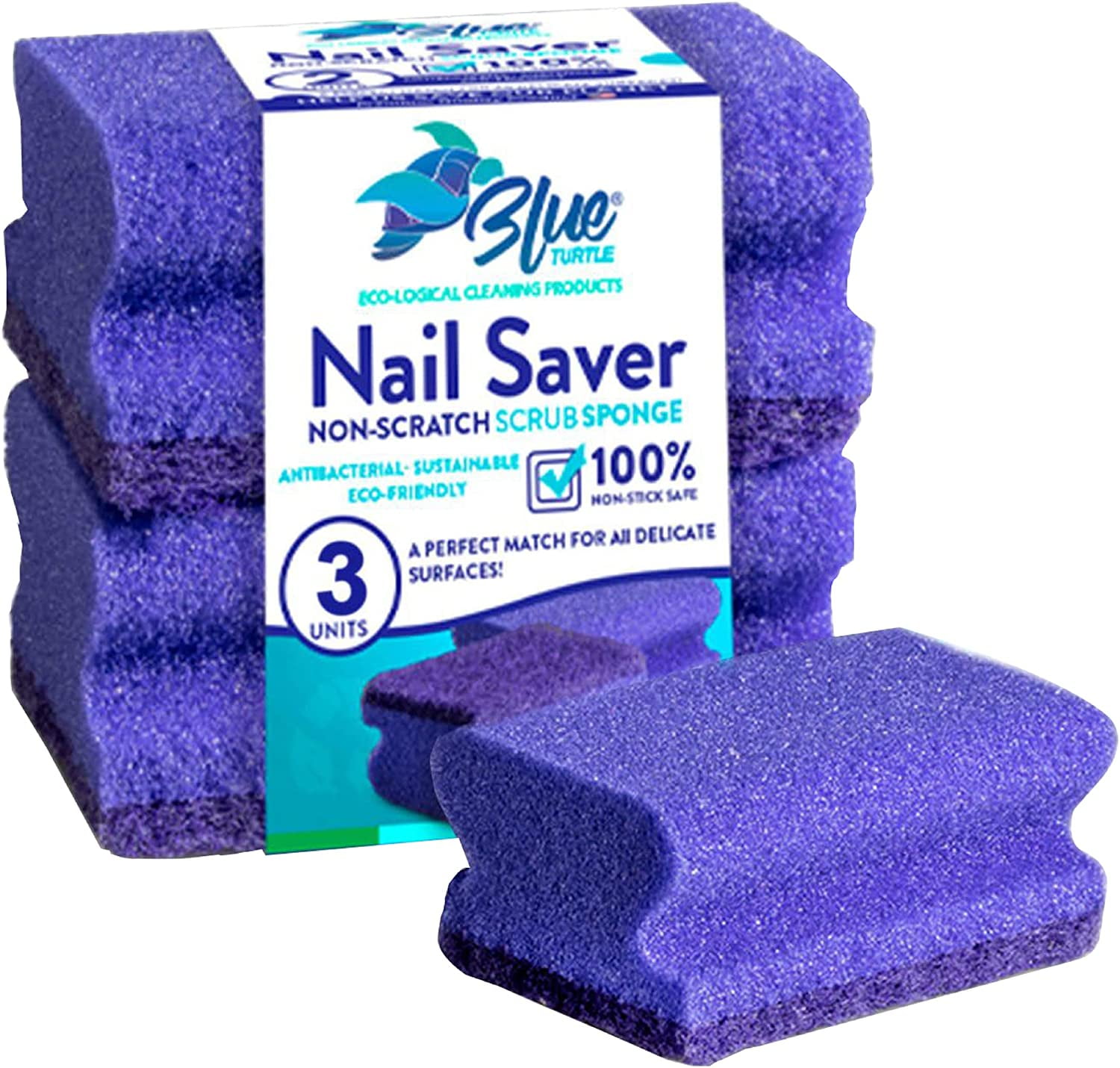 Blue Turtle Sponges for Dishes 3 Pack Non Scratch Nail Saver Kitchen