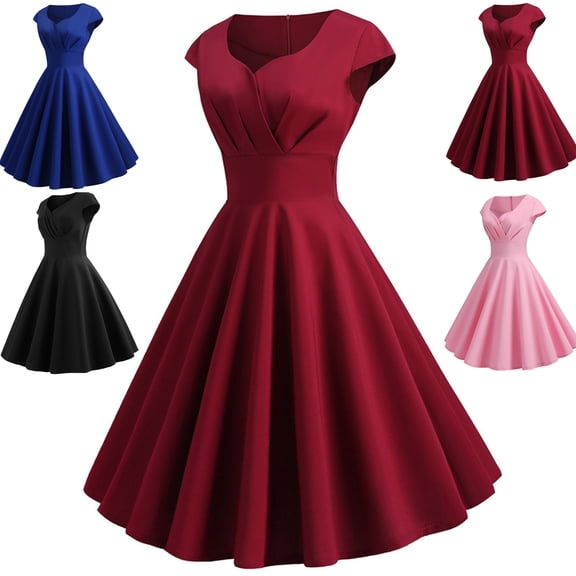 LEKWK Vintage Dress for Women Cap Sleeve V Neck 1950S Dresses Fit And Flare Fit-and-Flare Dress Rockabilly Cocktail Tea Party Wedding Guest Elegant