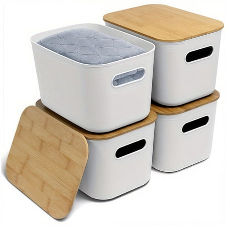 8/4-Piece Storage Bins with Wood Lids - Stackable Plastic Organizer Box with Handle Multi-Purpose Storage for Home Office Bookshelf Playroom White Storage Containers