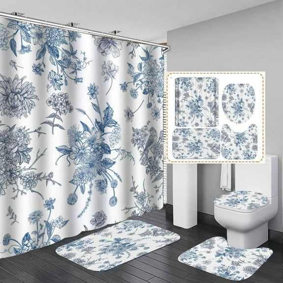 4PCS Floral Shower Curtain Sets with Rugs, Waterproof Fabric Shower Curtain, Spring Peony Daisy Flower Wildflower Blossom Plant Botanical Green Leaves Aesthetic Country Rustic Bathroom Decor