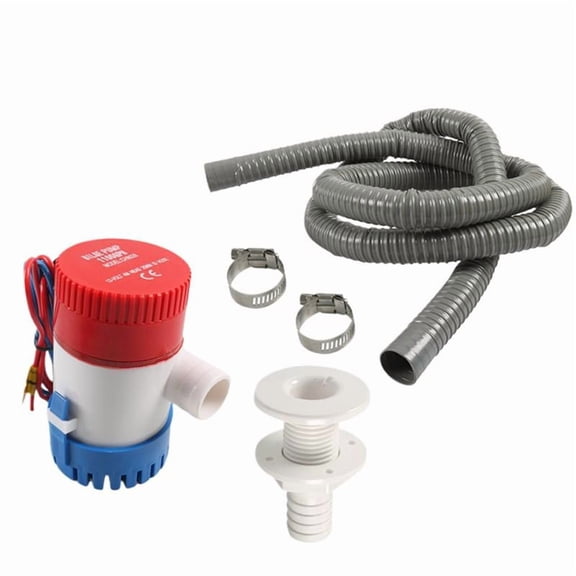 Boat Bilge Pump Plumbing Kit: 12V Pump with Corrugated Hose, Thru-Hull Fitting, 2 Clamps, Drain Outlet