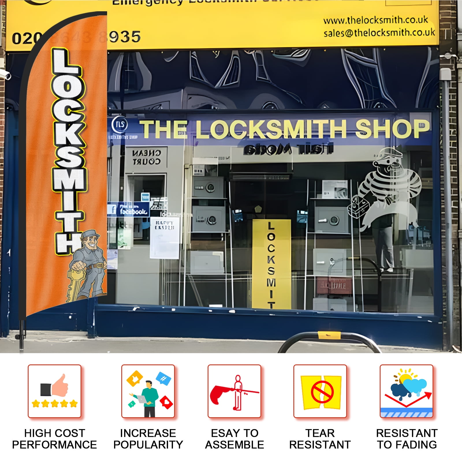 QSUM Locksmith Feather Flag with Flag Pole Kit and Ground Spike, 8.2FT Locksmith Windless Flag Banner Sign Business for Outdoor Advertising Sign Decoration Display