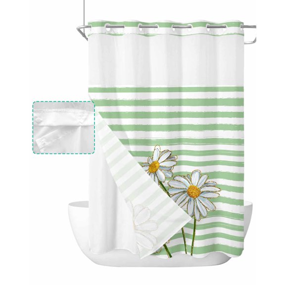 No Hook Shower Curtain with Snap in Liner, Watercolor White Daisy Green White Stripes Hotel Shower Curtains for Bathroom, Washable Shower Curtain Liner Set with Mesh Top Window, 60"x72"