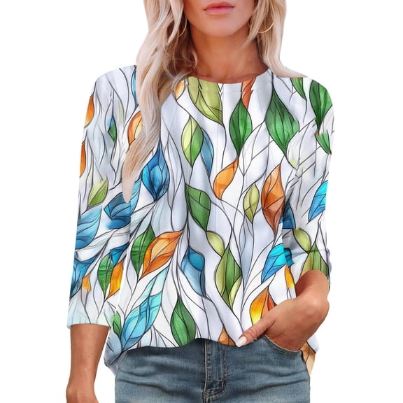 Jsaierl 3/4 Length Sleeve Womens Tops Summer Crew Neck Shirts Dressy Print Ladies Blouses Flowy Elegant T-shirts Top S-2XL