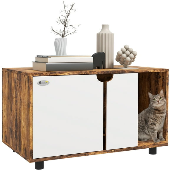 PawHut Hidden Cat Litter Box Enclosure with Sand Drain Pad, Rustic Brown