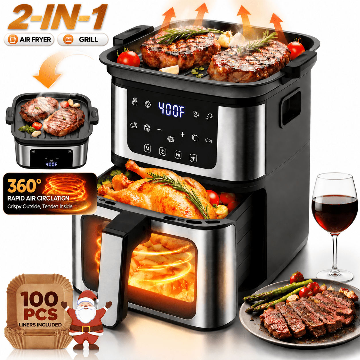 7.5Qt Multifunction Air Fryer W/ Digital LED Touch Screen, Steak Searing, 8 Preset Cookings, 95% Less Oil, Nonstick Dishwasher-Safe Basket, Includes 100 Liners
