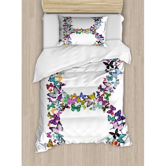 Letter B Twin Size Duvet Cover Set, Exoticism Beauty Fragility Theme Springtime Creatures Forming Letter B Feminine, Decorative 2 Piece Bedding Set with 1 Pillow Sham, Multicolor, by Ambesonne