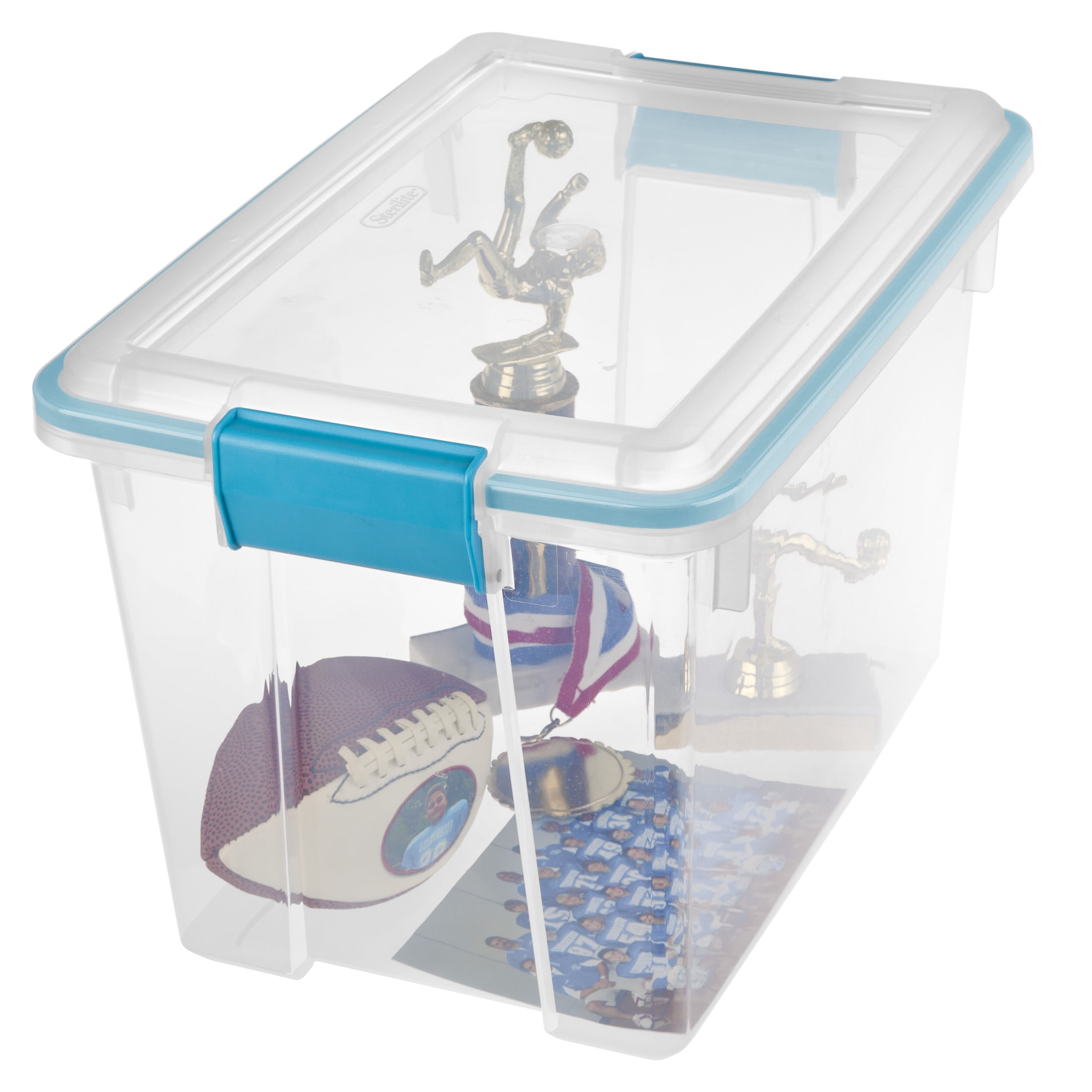 Sterilite Small Storage Bin, 20 Quart Clear Weather-Resistant Plastic Storage Container with Gasket and Latch Lid, Blue