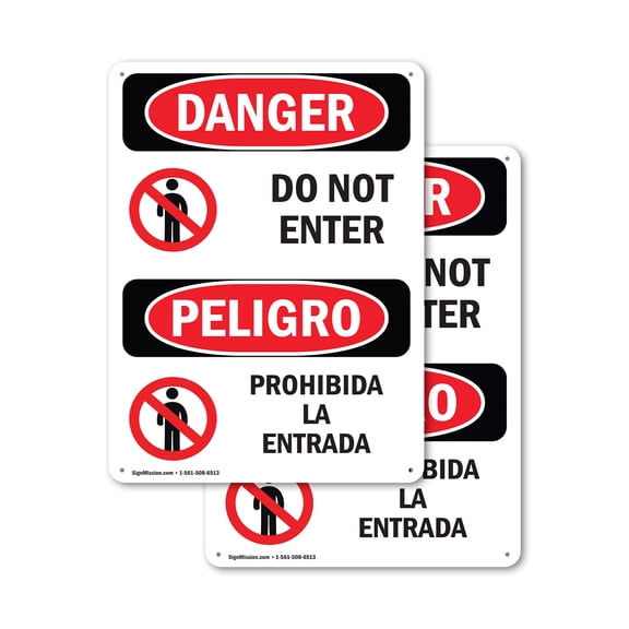 (2 Pack) Do Not Enter Bilingual OSHA Danger Sign 7 Inch X 10 Inch Indoor / Outdoor Rust-Free Aluminum Metal Signs for Workplace, Workshop, and Construction Site, Made in the USA