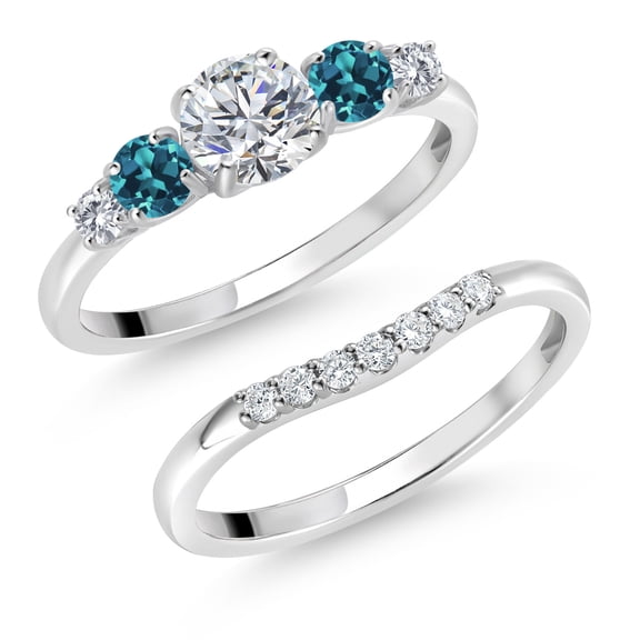 Gem Stone King 10K White Gold White Lab Grown Diamond and London Blue Topaz 5 Stone Bridal Engagement Wedding Ring Set for Women | 0.87 Cttw | Round: 5MM and 3MM | Available in Size 5-9 | Size 6