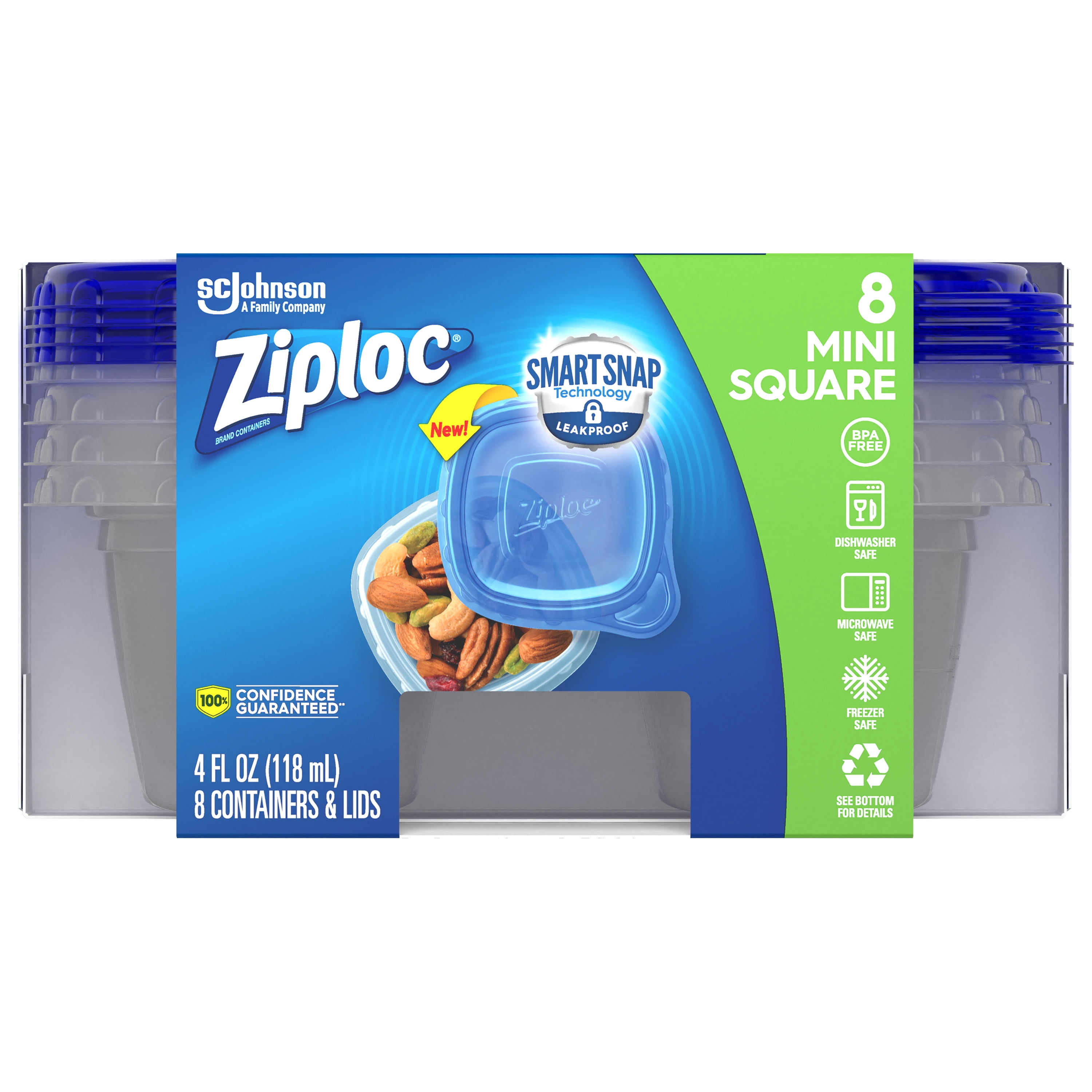 Ziploc Brand Mini Square Containers, Smart Snap Technology, 8 ct